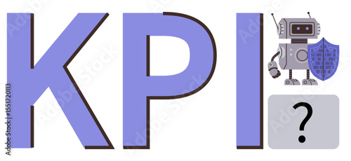 KPI letters accompanied by a robot holding a shield, representing protection and technology, next to a question mark. Ideal for business strategy, data tracking, analytics, security, AI