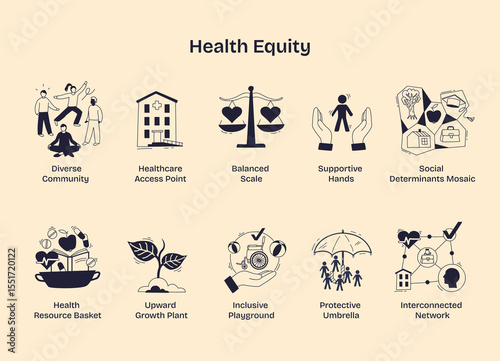 Health equity highlights diverse communities, balanced scales, and interconnected networks, symbolizing equal healthcare access and support. Doodle style