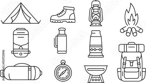 Camping gear icons tent boot lantern campfire thermos backpack compass grill hiking shoe