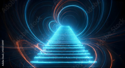 Glowing blue neon stairs, abstract technology background. 3D rendering