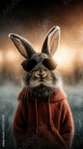 Cool rabbit wearing sunglasses and a hoodie stands confidently in a foggy landscape during sunset