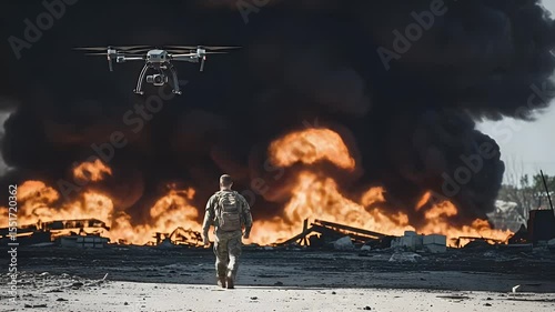 A person walking towards a massive fire with a drone hovering overhead amidst destruction and smoke filled sky conveying danger