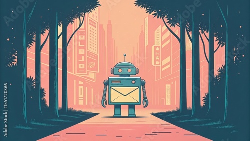 A small robot stands in an urban park, holding an envelope, with tall city buildings glowing in the background during twilight.