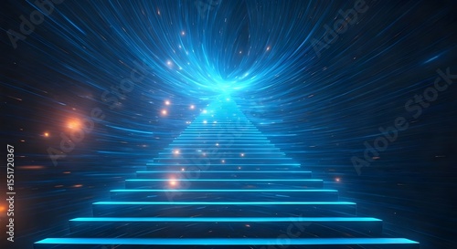 3d rendering of blue neon stairs with glowing lines. Futuristic technology background.