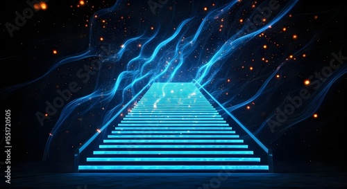 Blue neon stairs on dark background. Glowing stairs. 3D rendering
