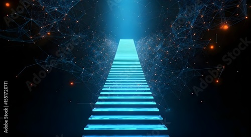 Glowing neon stairs in dark tunnel. Abstract background. 3D rendering