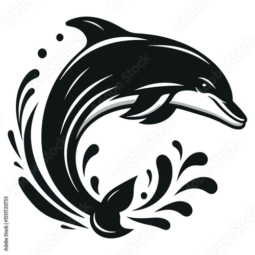 A dolphin silhouette in black and white against a white backdrop