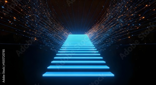 3d rendering of blue neon stairs with glowing lines in dark space.