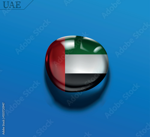 UAE flag icon. 3D glossy round button with the United Arab Emirates flag. Modern sphere for web and apps, isolated on a blue background.