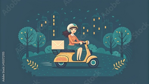 A woman rides a yellow scooter at night through a city park with trees and illuminated buildings in the background.