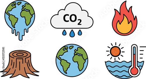 Earth melting C O2 cloud fire stump thermometer sun waves globe dripping