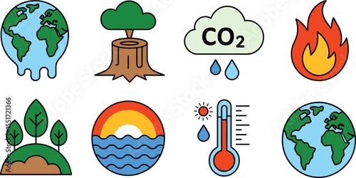 Environmental issues icons melting earth deforestation co2 fire thermometer globe tree