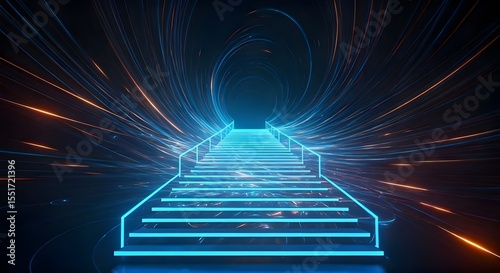 staircase with glowing neon lines, 3d rendering digital illustration