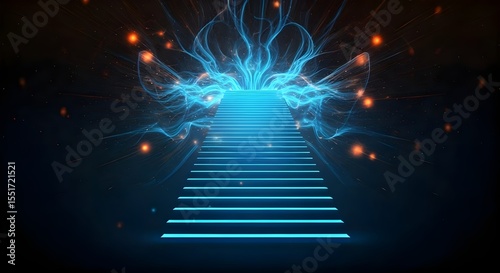 3D illustration of a blue neon stairway leading to the light