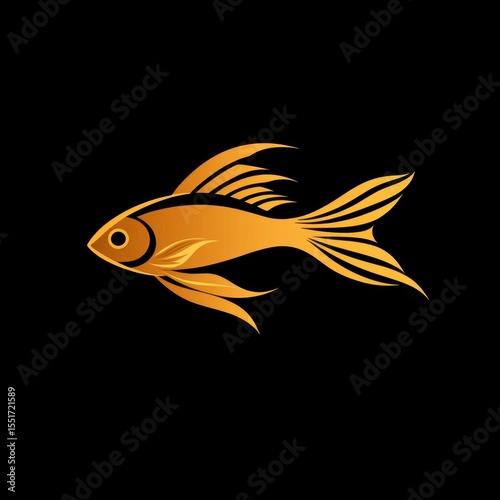 Bright orange fish with flowing fins swimming gracefully against a black background