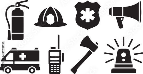 Firefighter ambulance police emergency service icons extinguisher safety