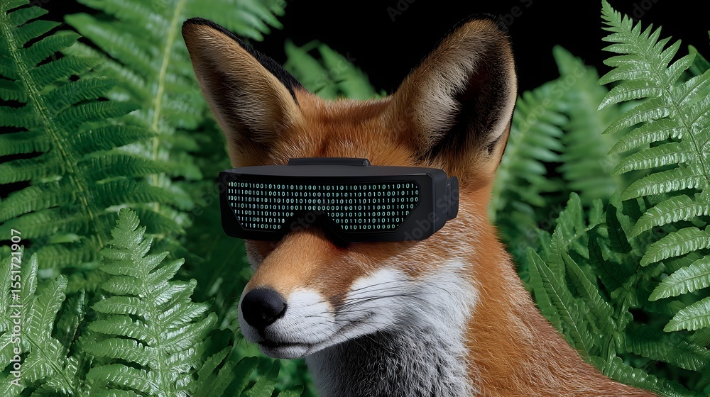 Fototapeta premium A curious fox wearing sunglasses in a lush forest