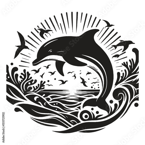 A dolphin silhouette in black and white against a white backdrop