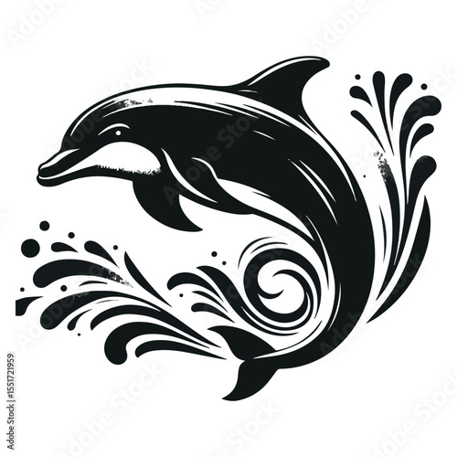 A dolphin silhouette in black and white against a white backdrop