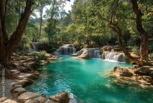 Serene Tropical Waterfall with Crystal Clear Pool Surrounded by Lush Greenery and Sunlit Trees in a Scenic Nature Landscape