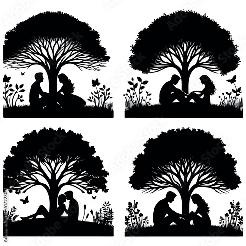 Couple sitting under tree silhouette couple silhouette tree man woman background 