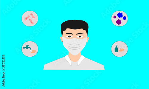The illustration shows a person wearing a mask surrounded by icons of bacteria, viruses, hand washing, and hand sanitizer, depicting maintaining cleanliness and preventing the spread of disease.