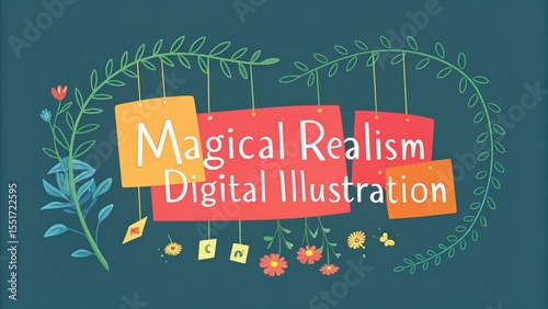 Colorful digital illustration with hanging signs reading 