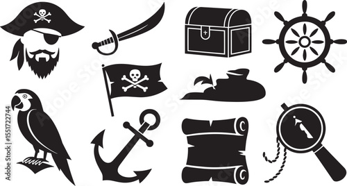 Pirate icons including skull flag treasure chest parrot anchor ship wheel vector