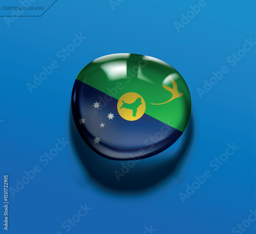 Christmas Island flag icon. 3D glossy round button with the Golden Bosun bird. Modern sphere for web and apps, isolated on a blue background.