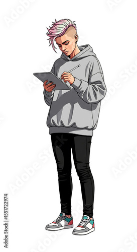Full body vector illustration of a non-binary person thinking, holding a digital tablet.