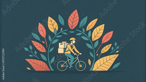 A delivery cyclist rides through a colorful, stylized wreath of leaves, symbolizing eco-friendly transportation and nature.