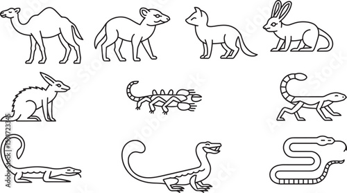 Set of nine black and white line art animal illustrations camel rabbit
