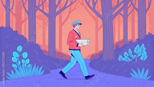 A mail carrier walks through a stylized forest, holding envelopes, against a pink-orange sunset background.