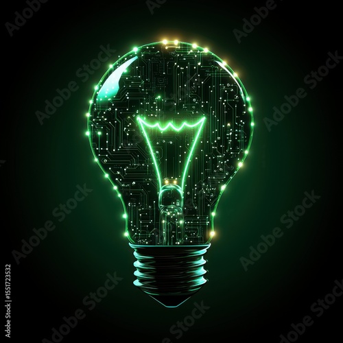 Glowing light bulb with circuit patterns representing technology and innovation in a dark environment