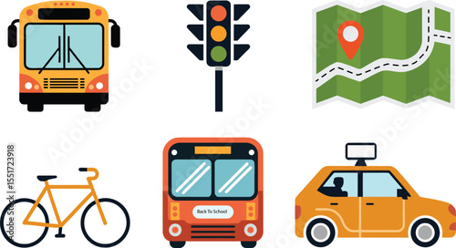 Yellow school bus traffic light map bicycle orange car vector