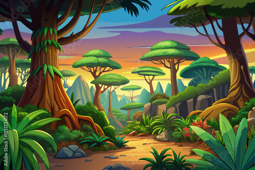 Jungle landscape with a mysterious atmosphere, featuring layered trees, lush leaves, and misty depth vector perfect for adventure, fantasy, or nature themes