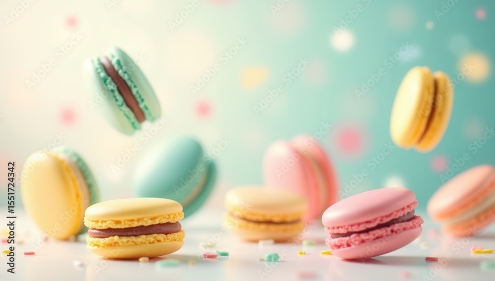 Fototapeta premium colorful assorted macarons in playful motion