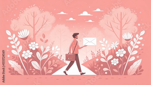 A man walks through a pink floral landscape holding a large envelope and briefcase, symbolizing communication or delivery in a serene, stylized environment.
