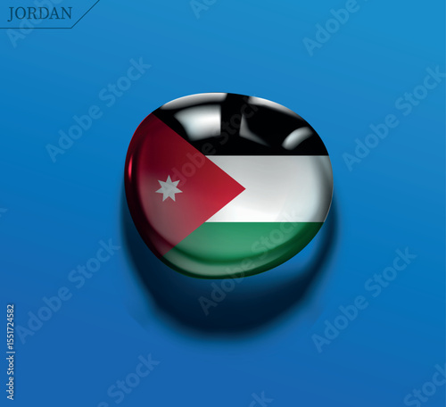 Jordan flag icon. 3D glossy round button with the seven-pointed star. Modern sphere for web and apps, isolated on a blue background.