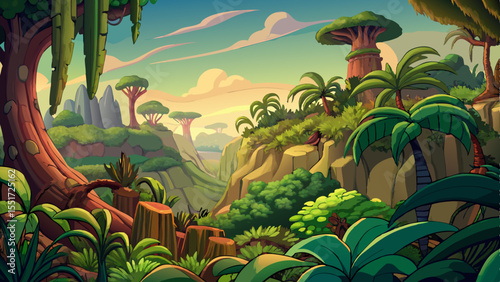 Jungle landscape with a mysterious atmosphere, featuring layered trees, lush leaves, and misty depth vector perfect for adventure, fantasy, or nature themes