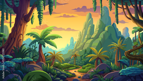 Jungle landscape with a mysterious atmosphere, featuring layered trees, lush leaves, and misty depth vector perfect for adventure, fantasy, or nature themes