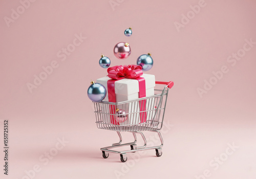 A miniature shopping cart overflowing with a festive gift box and floating Christmas ornaments, symbolizing the joy of holiday shopping, unexpected presents, and the magic of the festive season.
