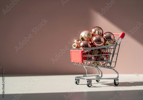 Miniature shopping cart filled with elegant bronze and rose gold Christmas ornaments, symbolizing holiday shopping, festive spending, and the anticipation of seasonal decorations in a modern aesthetic