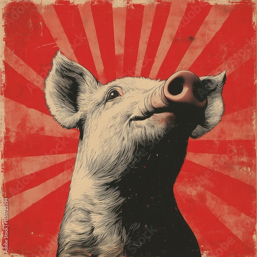 Stylized depiction of a pig against a vibrant red background showcasing bold artistic elements and striking lines