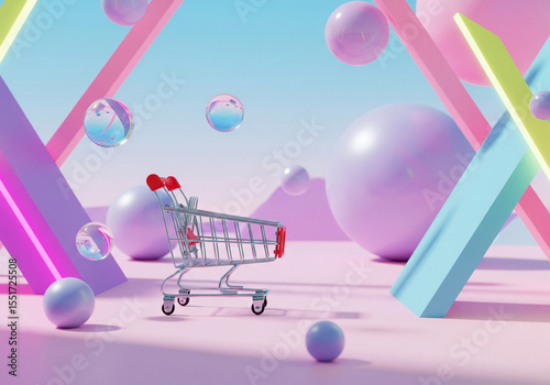 A miniature shopping cart set amidst a playful, abstract 3D environment with floating spheres and geometric shapes. modern e-commerce, digital shopping experiences, and future retail trends