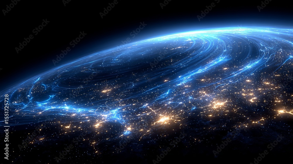 Fototapeta premium In this sci-fi scene, a sophisticated space station is orbiting a stunning blue planet that emits a bright glow