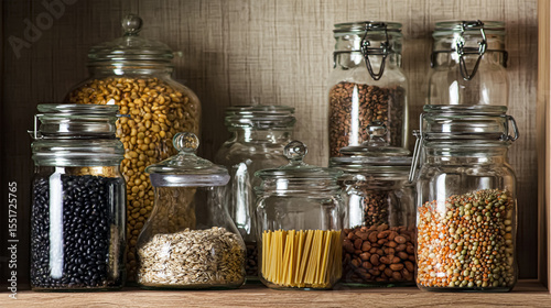 kitchenware, glass jars with beans, pasta and grains on metal green shelf at cabinet. storage food concept and order at kitchen.