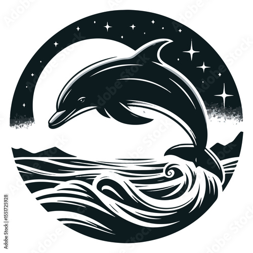 A dolphin silhouette in black and white against a white backdrop