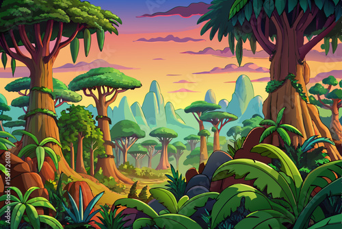 Jungle landscape with a mysterious atmosphere, featuring layered trees, lush leaves, and misty depth vector perfect for adventure, fantasy, or nature themes