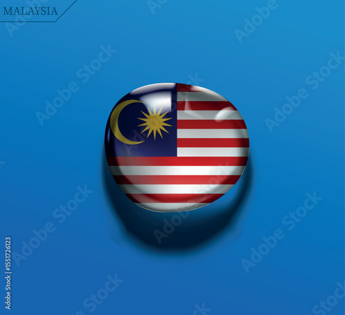 Malaysia flag icon. 3D glossy round button with the national flag. Modern sphere for web and apps, isolated on a blue background.